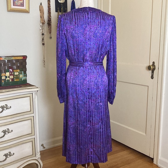 Vintage 80s Paisley Pleated Belted Midi Dress Sz 10 - Picture 12 of 12